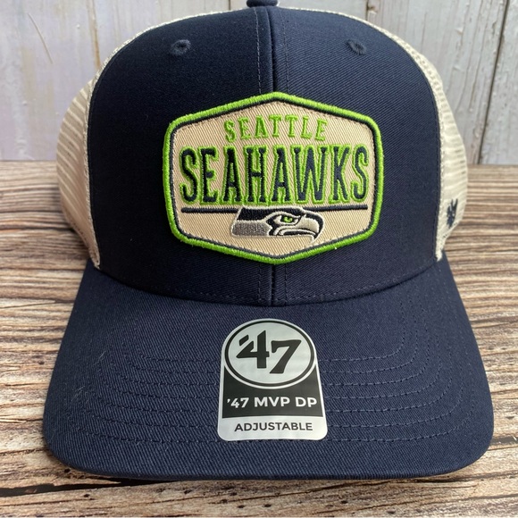 47 Brand MVP DP Seattle Seahawks Trucker Mesh Navy Blue White Hat Snapback OSFA - Picture 2 of 6